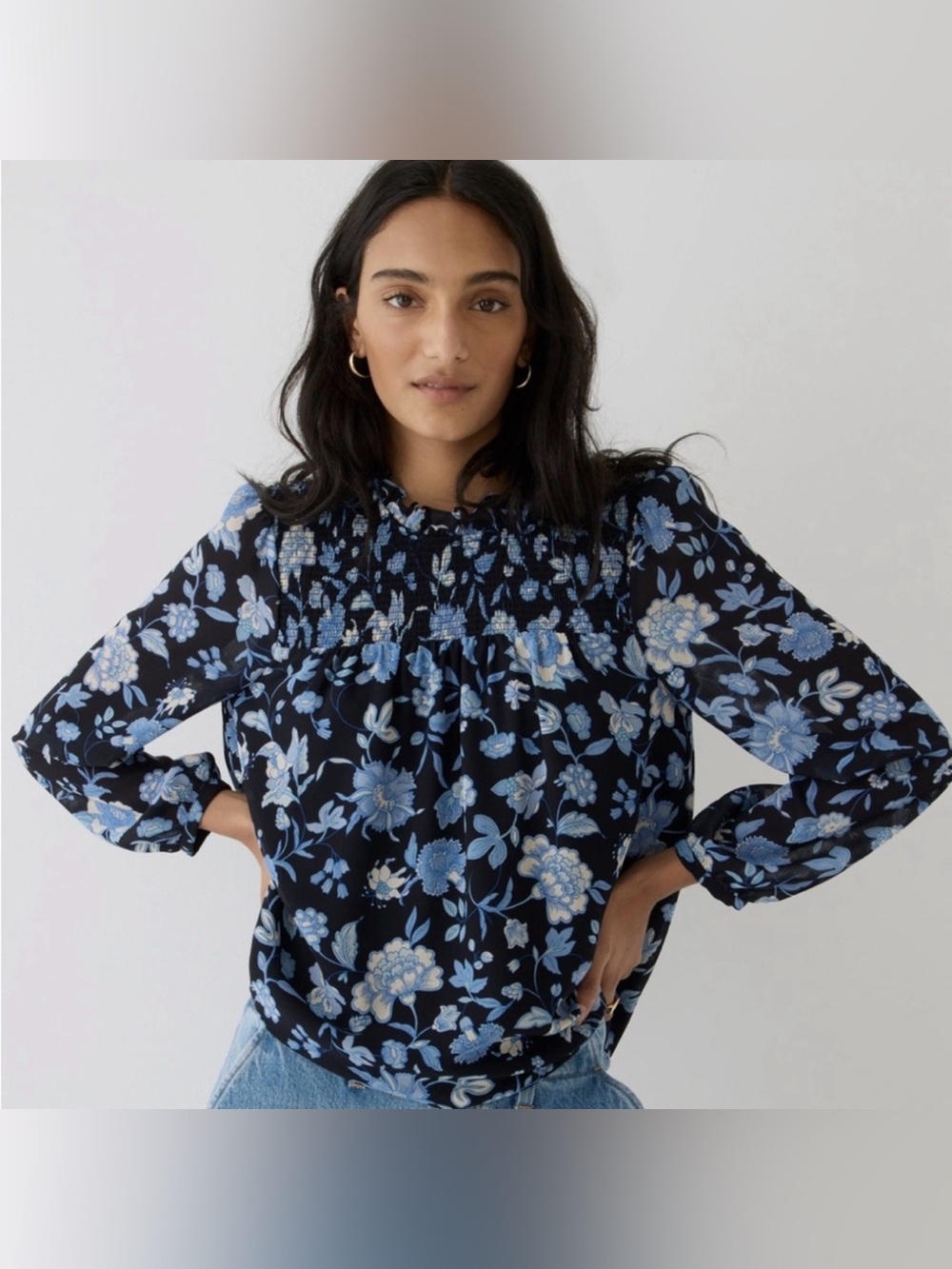 J.Crew Ruffle Neck Chiffon Top Midnight Blue Black Floral Pattern Smocked Ruffle